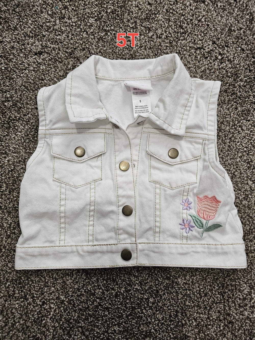 Girls White Embroidered Denim Vest Jacket - Size 5T
